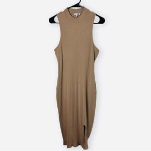 Fashion Nova Women’s Turtleneck Sleeveless Front Split Tan Ribbed Dress